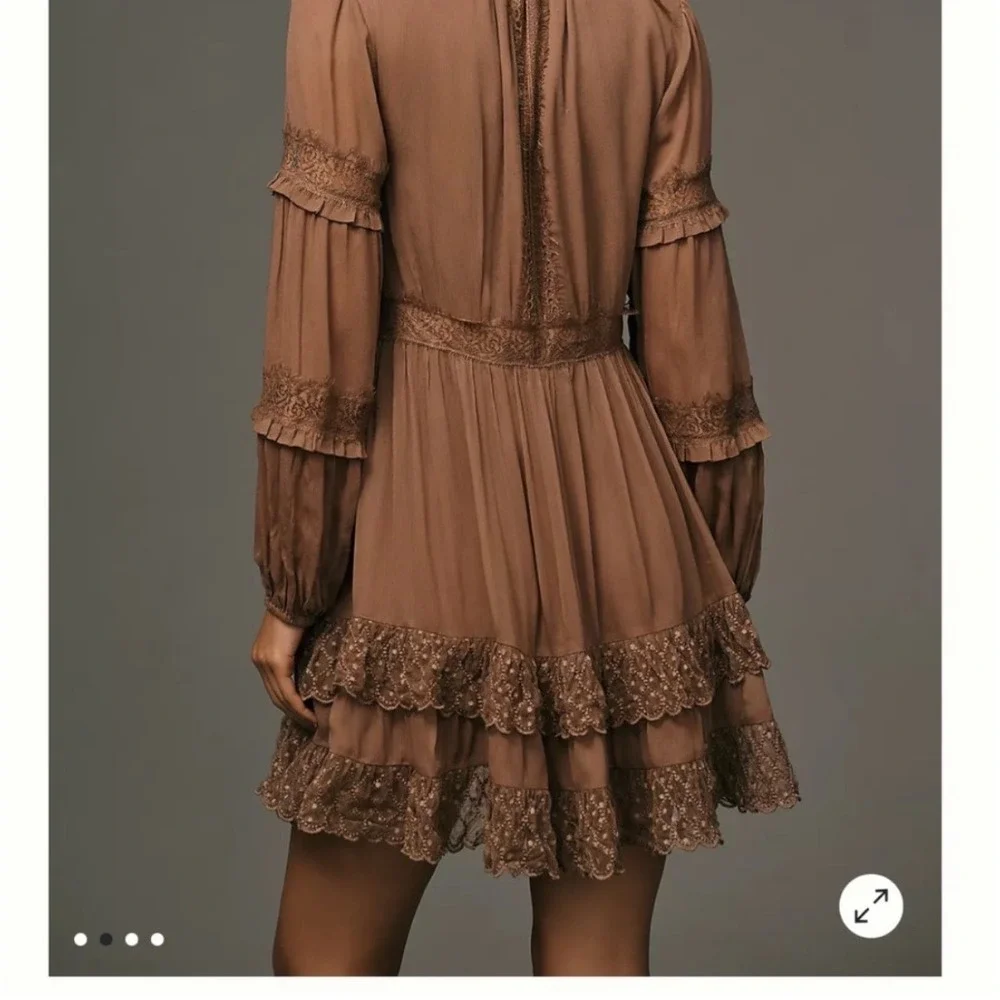 By Anthropologie Lace Pleated Mini Dress Long Sleeve Tiered Brown‎ Dress Sz XS